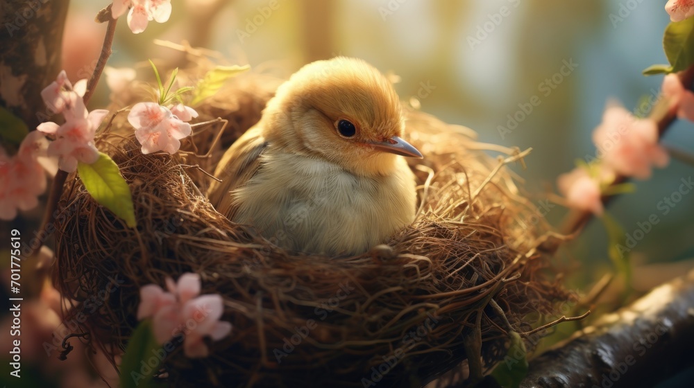 Poster a small bird sitting on top of a nest in the middle of a tree filled with lots of pink flowers.