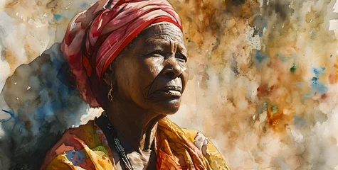 Fotobehang watercolor painting of an old African American woman in traditional clothes © Jhon