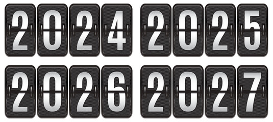 Volumetric board with the coming new year 2024. Set for four years. Color vector illustration