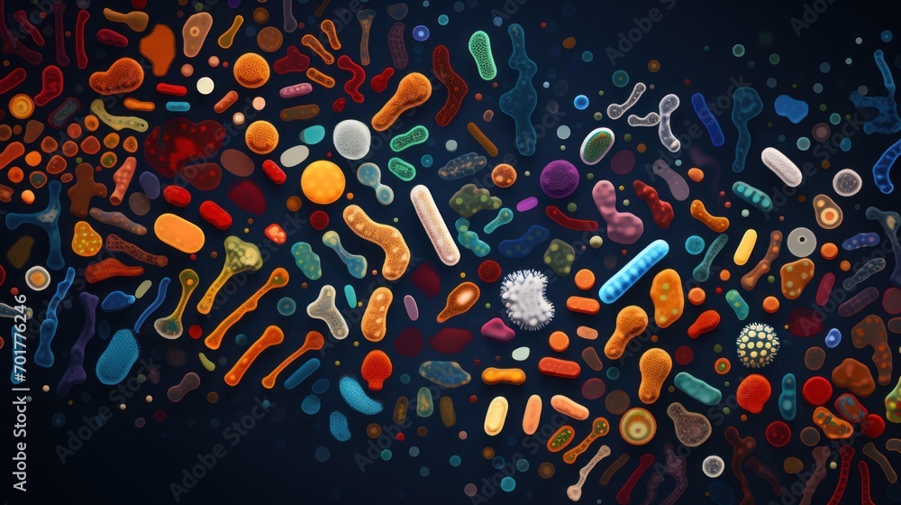 Poster a large group of different colored objects on a black background with a white dot in the middle of t