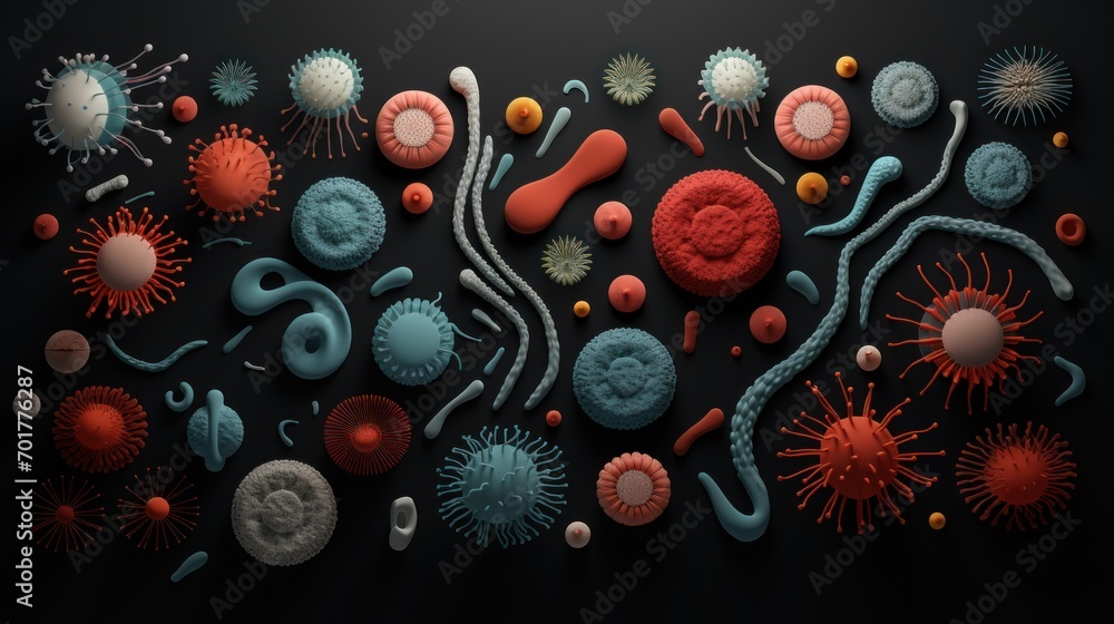 Poster a group of different types of germs and germs on a black surface with a black background.