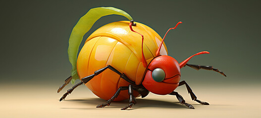 Create a bug with a large round fruit shaped ball on its head, acting as a portable storage for tiny fruits. The bug collects and transports these fruits to different locations.