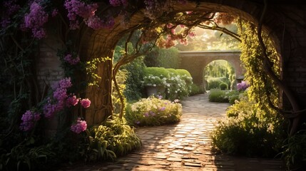 An enchanting hidden garden within a luxurious summer estate is depicted in this captivating image, exuding peace and sophistication.