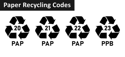 Paper recycling code icon set. Paper cardboard boxes recycling codes 20, 21, 22, 23 for industrial and factory uses. Triangluar mobius strip pap recycling symbols isolated on white background. - obrazy, fototapety, plakaty