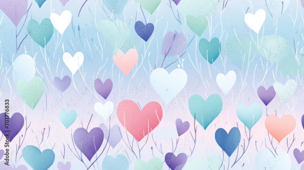 Poster a bunch of heart shaped balloons floating in the air over a field of grass and trees in pastel color