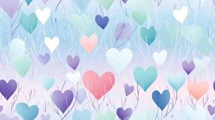  a bunch of heart shaped balloons floating in the air over a field of grass and trees in pastel colors.