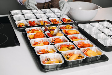 Healthy Office Food: Bell Peppers in Portioned Trays. Organized bell pepper servings in individual trays, a healthy and colorful office food option for team lunches or breaks.