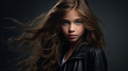 A girl who wears a black jacket and has long flowing hair