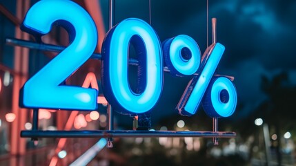 Huge neon sign 20 percent. Glowing sale light advertising. Theme of discount and commerce