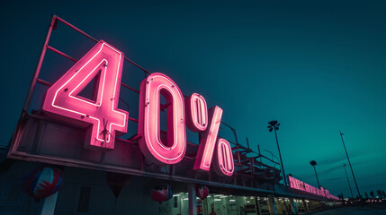 Huge neon sign 40 percent. Glowing sale light advertising. Theme of discount and commerce