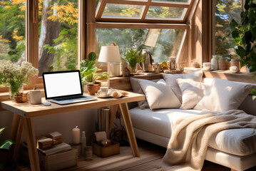 Comfortable workplace or study place at home by the window and sofa with an open laptop