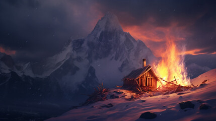 hut in the snowy mountain with burning fire insid