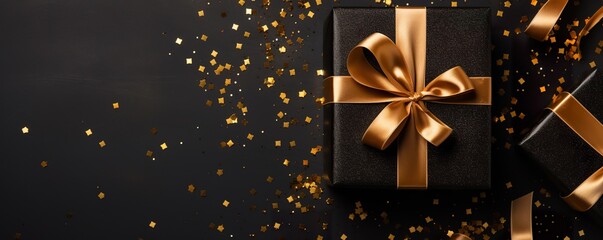 Top-View Gift Box with Black Ribbon and Golden Confetti.