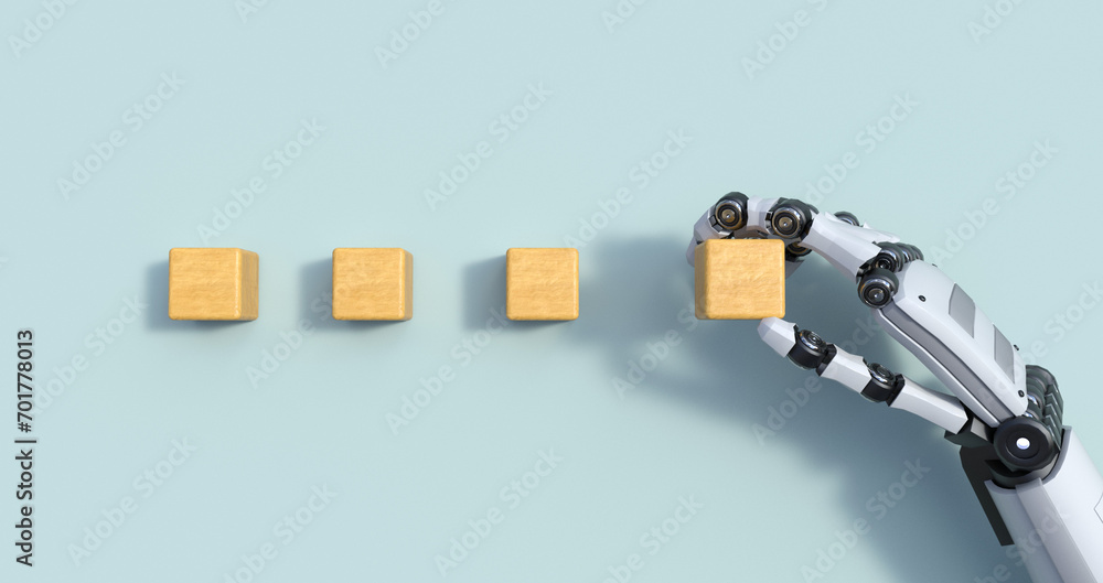 Poster business process management and automation concept with person moving wooden pieces on flowchart dia