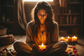 Fototapeta na wymiar Young European woman holds a burning candle in her hands and reads a prayer while sitting on the floor of the house
