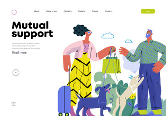 Mutual Support: Pet-sitting -modern flat vector concept illustration of a woman going on vacation leaving her dogs with neighbor. A metaphor of voluntary, collaborative exchanges of resource, services