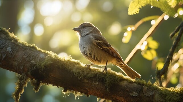 A sunny day was used to capture a close-up of a bird sitting on the branch of a tree in a forest