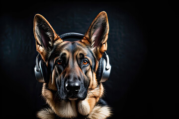Shepherd dog wearing headphones isolated on black background. Listen to music. Cover for design of...