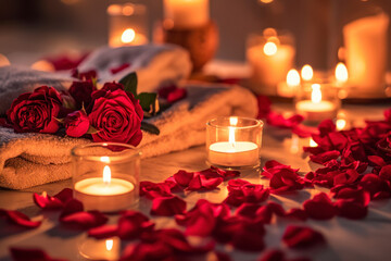 Couples spa retreat, an image showcasing a romantic spa retreat setup with candles, rose petals,...
