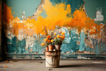 Orange flowers in pots stand on an old iron bucket against the background of peeling paint on the wall. The concept of home renovation