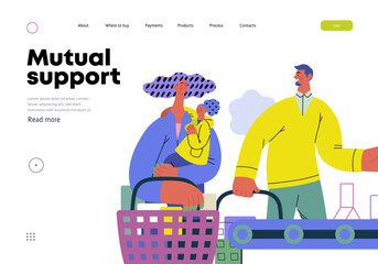 Mutual Support: Skip ahead in line -modern flat vector concept illustration of man letting woman with child go ahead in shop checkout line A metaphor of voluntary, collaborative exchanges of services