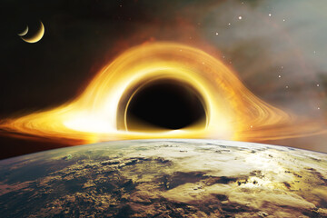 Huge black hole warps space around near to the Earth planet. Realistic science fiction art....