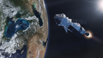 Spaceship Orion on low-orbit of Earth. Artemis space program. Elements of this image furnished by NASA.