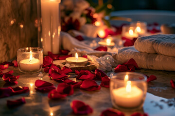 Obraz na płótnie Canvas Couples spa retreat, an image showcasing a romantic spa retreat setup with candles, rose petals, and spa essentials, creating a serene and indulgent scene for couples on Valentine's Day.