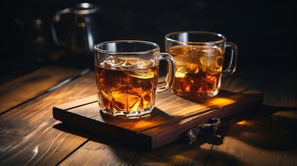 A wooden board is where glass cups of tea with sugar are placed.