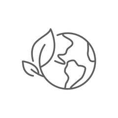 Green earth planet icon. Simple outline style. World ecology, globe with leafs, eco environment logo, save nature concept. Thin line symbol. Vector illustration isolated. Editable stroke. - obrazy, fototapety, plakaty
