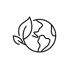 Green earth planet icon. Simple outline style. World ecology, globe with leafs, eco environment logo, save nature concept. Thin line symbol. Vector illustration isolated.