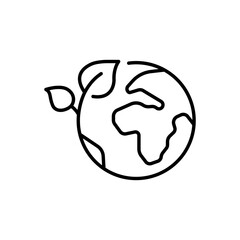Obraz premium Green earth planet icon. Simple outline style. World ecology, globe with leafs, eco environment logo, save nature concept. Thin line symbol. Vector illustration isolated.