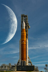 Orion spacecraft on launchpad on Moon background. Artemis space program to research solar system....