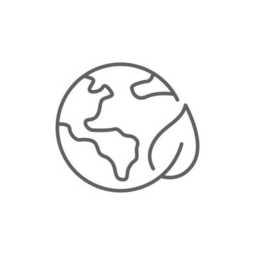Green earth planet icon. Simple outline style. World ecology, globe with leafs, eco environment logo, save nature concept. Thin line symbol. Vector illustration isolated. Editable stroke.