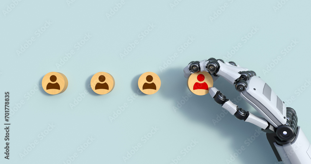 Poster business process management and automation concept with person moving wooden pieces on flowchart dia