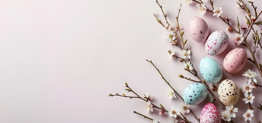 colorful small easter eggs with flowering branches on a light pink background with copy space - easter card background - spring design element - generative ai