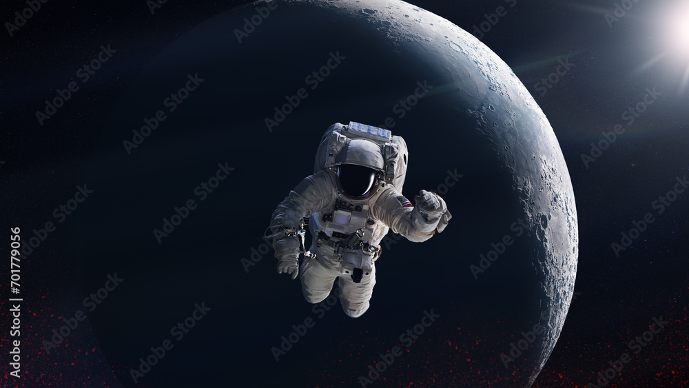 Wall mural astronaut is flying in outer space on big moon background. elements of this image furnished by nasa.