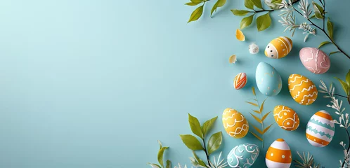Fotobehang colorful small easter eggs with flowers and branches on a light blue background - yellow and green tones - easter card background - spring design element - generative ai © Cristiano Venti