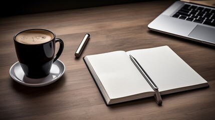 An interior scene featuring a white desk with a cup of coffee, notebook, pen, and smartphone in close-up.