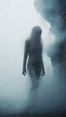 FREE photo a woman in a white dress standing in the fog