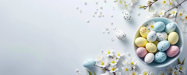 easter eggs in a bowl and flowers - easter still life - easter card design background with solid bright background and copy space - pastel colors - generative ai