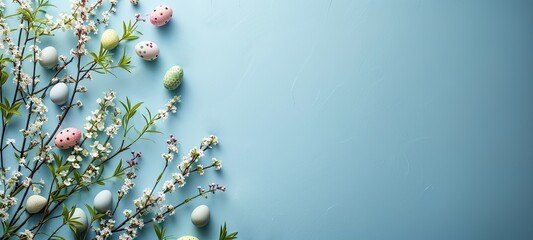 colorful small easter eggs with flowering branches on a light blue background with copy space - easter card background - spring design element - generative ai