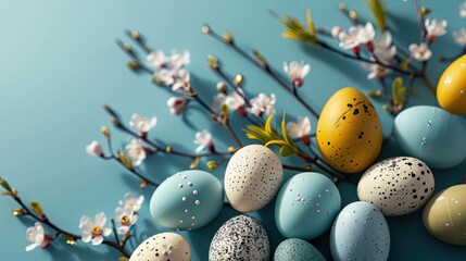 colorful small quail eggs with flowering branches on a light blue background - easter card background - spring design element - generative ai