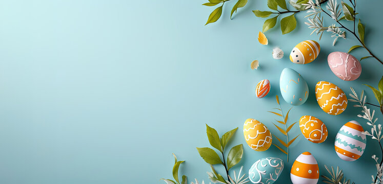 colorful small easter eggs with flowers and branches on a light blue background - yellow and green tones - easter card background - spring design element - generative ai
