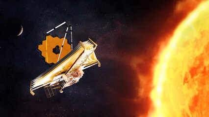 The James Webb telescope explores outer space on Sun background. Elements of this image furnished...