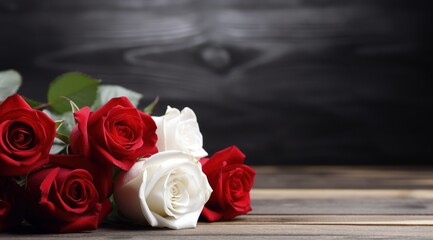 Roses de couleur blanche et rouge sur un fond en bois avec espace pour ajouter du texte