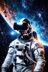 A guy in virtual reality glasses is watching watching space