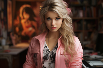 Young blonde woman doll in pink jacket