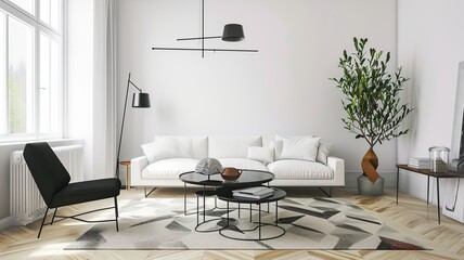 Fototapeta na wymiar Scandinavian Living Room Design with Geometric Rug
