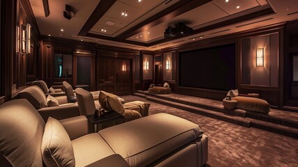Luxurious Home Theater with Rich Wood Paneling

